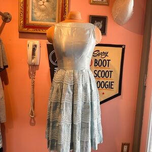 Vintage 50s Style Blue Satin Lace Dress | Small | Fit & Flare Party Wedding